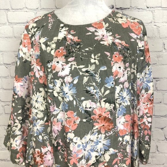 J Jill Love Linen Floral Dress Petite Size PM 100% Linen Green Pockets - Picture 5 of 10